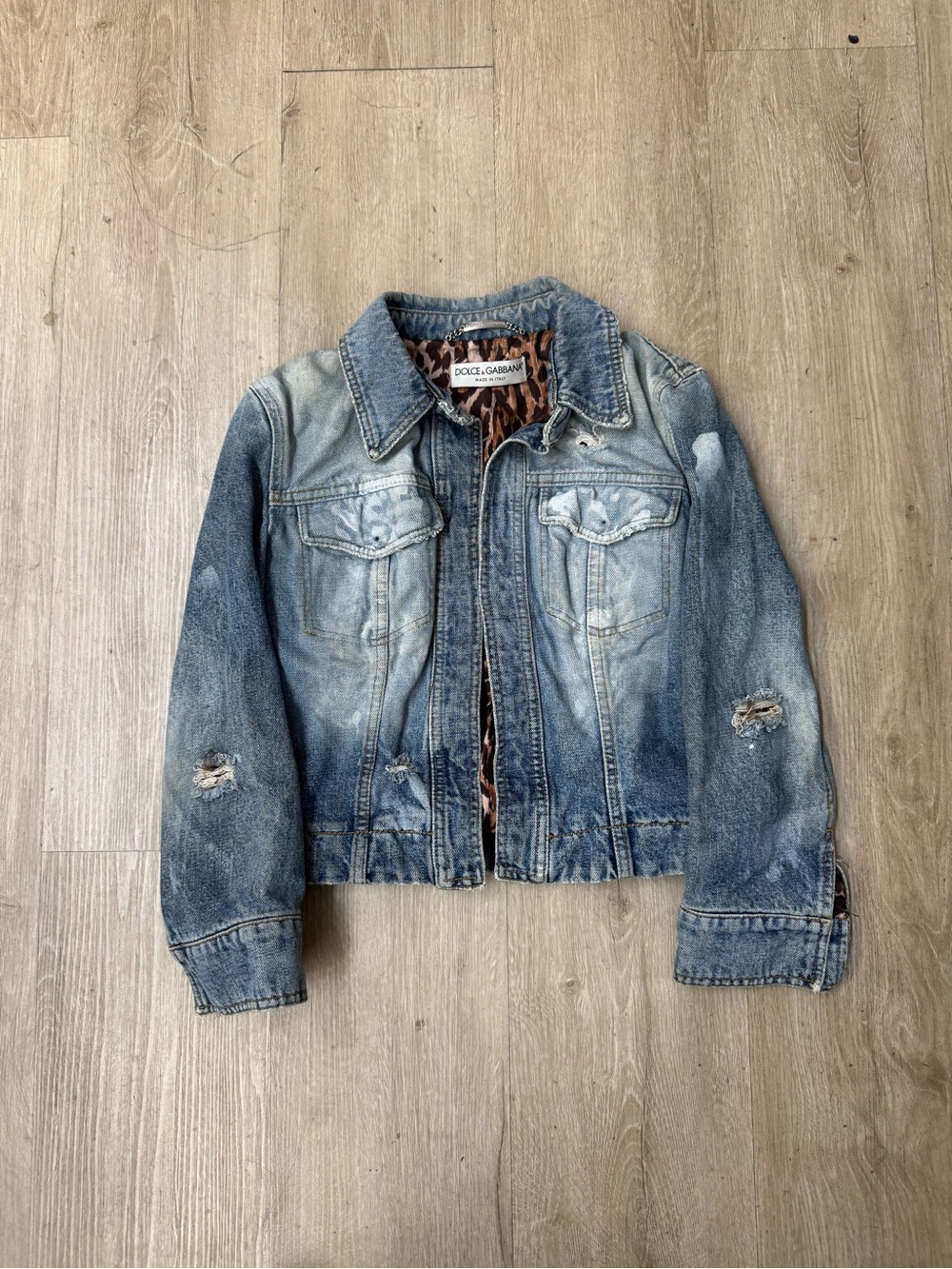 Vtg Dolce & Gabbana Blue Distressed Leopard Lined Short Jean Jacket Sz 38